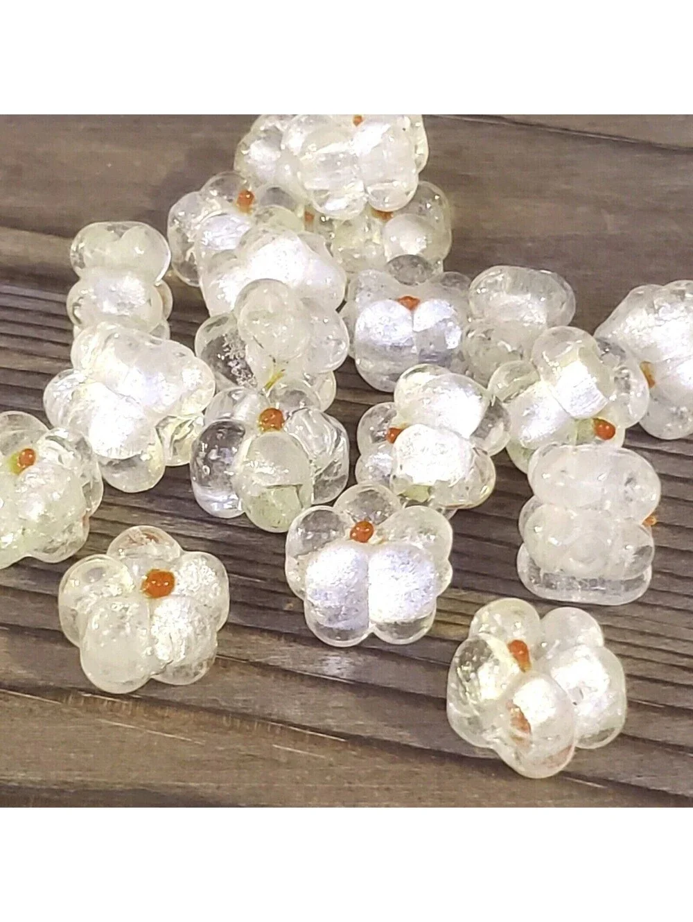 5 Vintage Handcrafted India Glass Clear White Flower Beads with Silver Foil